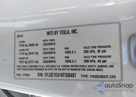 2019 Tesla Model 3 from USA, damaged, VIN 5YJ3E1EA1KF338467